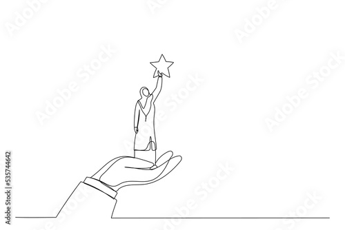 Cartoon of giant hand helping a muslim businesswoman to reach out for the stars. One line art style