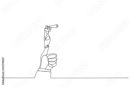 Drawing of arab businesswoman standing on giant thumb using telescope to look into the distance. Continuous line art