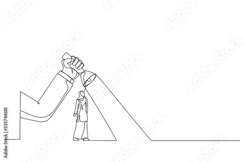 Drawing of big hand holding a flashlight uncovering hidden arrow sign for businesswoman that wearing jilbab. Single continuous line art