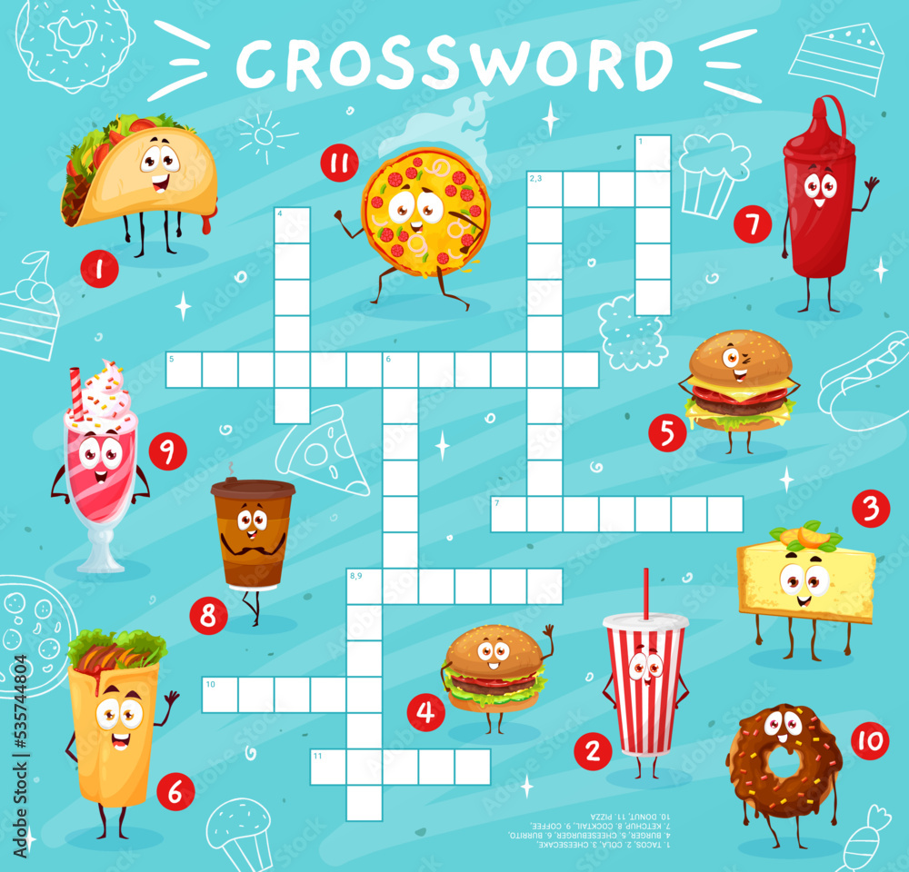 Crossword quiz game grid. Cartoon fast food characters. Child wordsearch vocabulary game or