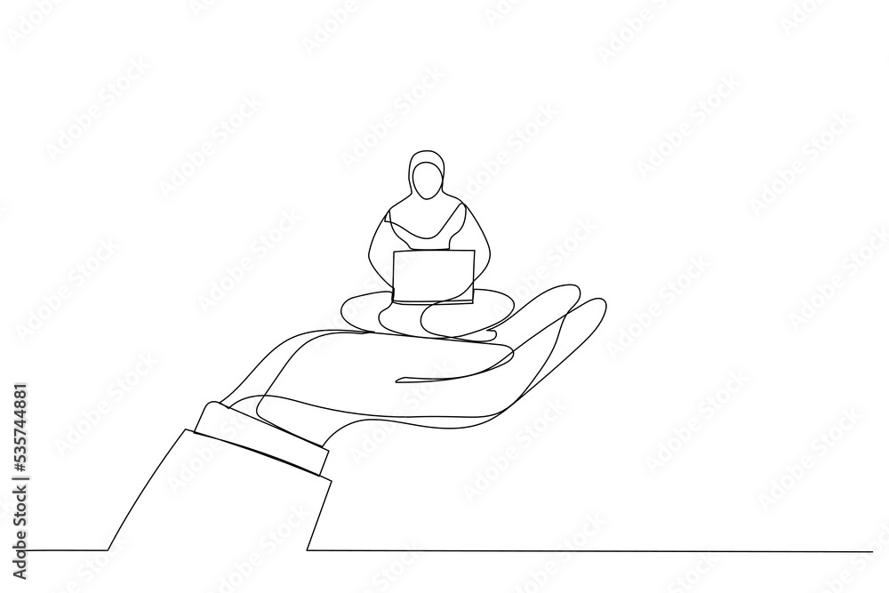 Illustration of giant hand holding a hijab businesswoman who works on laptop, metaphor for employee care, corporate support. Single line art style