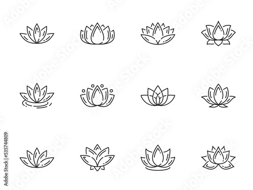 Outline line lotus icons, flowers or yoga floral symbols and vector blossoms. Lotus flower petals, linear blooming plants for tattoo, spa or asian ornament, Ayurveda relax and Zen meditation