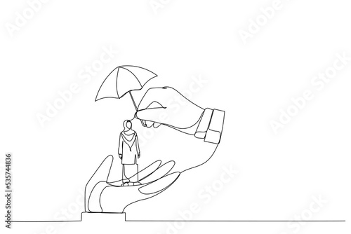 Cartoon of boss hand holding muslim businesswoman workers. Metaphor for employee care. One line style art