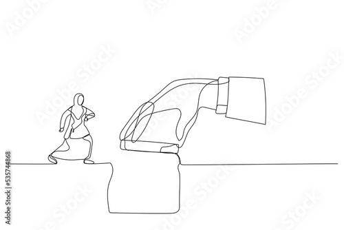 Cartoon of giant manager hand help connect missing piece as the bridge for muslim businesswoman worker to cross the gap. One continuous line art style