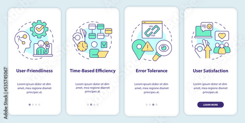 Basic metrics for usability testing onboarding mobile app screen. Walkthrough 4 steps editable graphic instructions with linear concepts. UI, UX, GUI template. Myriad Pro-Bold, Regular fonts used