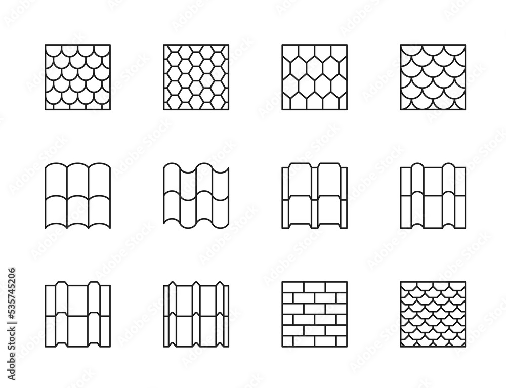 Roof tile icons, isolated vector overlap sheets, shingles tiling