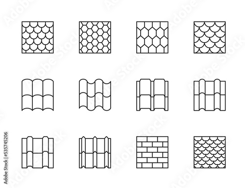 Roof tile icons, isolated vector overlap sheets, shingles tiling samples texture and pattern. Concrete, clay, metal, steel, ceramic, terracotta covering for house rooftop, construction roof tile