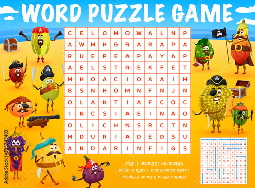 Cartoon fruit pirates characters on treasure island word search puzzle game worksheet. Vector kids quiz grid, riddle or maze with funny fruity food, papaya, lychee, fig and grapes, durian and feijoa