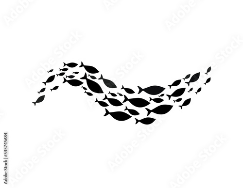 Ocean tuna or cod, flock of aquarium animals, shoal and fish school. Vector marine fish flock silhouette, swirl of seafood emblem, plenty of fish