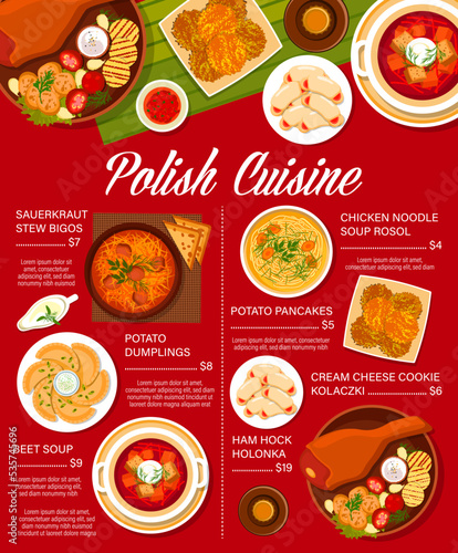 Polish cuisine menu with traditional food vector dishes of vegetables and meat. Potato dumplings pierogi and pancakes, sauerkraut stew bigos and chicken noodle soup, cookies, ham hocks and borscht