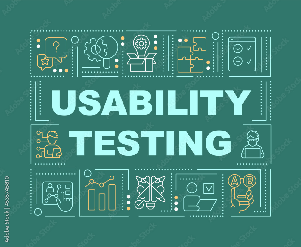 Usability testing word concepts green banner. User experience research. Infographics with editable icons on color background. Isolated typography. Vector illustration with text. Arial-Black font used Usability testing word concepts green banner. User experience research. Infographics with editable icons on color background. Isolated typography. Vector illustration with text. Arial-Black font used