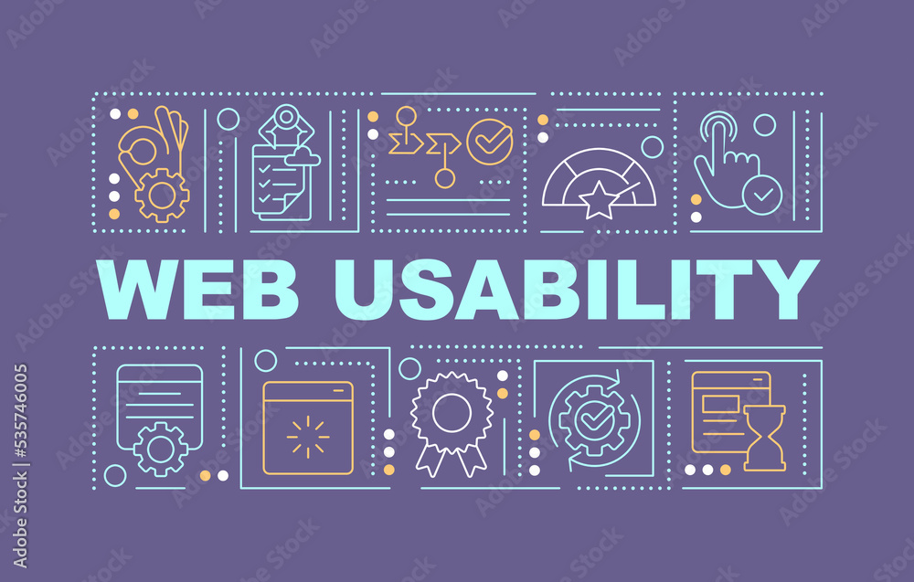 Website usability word concepts violet banner. User-friendly interface. Infographics with editable icons on color background. Isolated typography. Vector illustration with text. Arial-Black font used