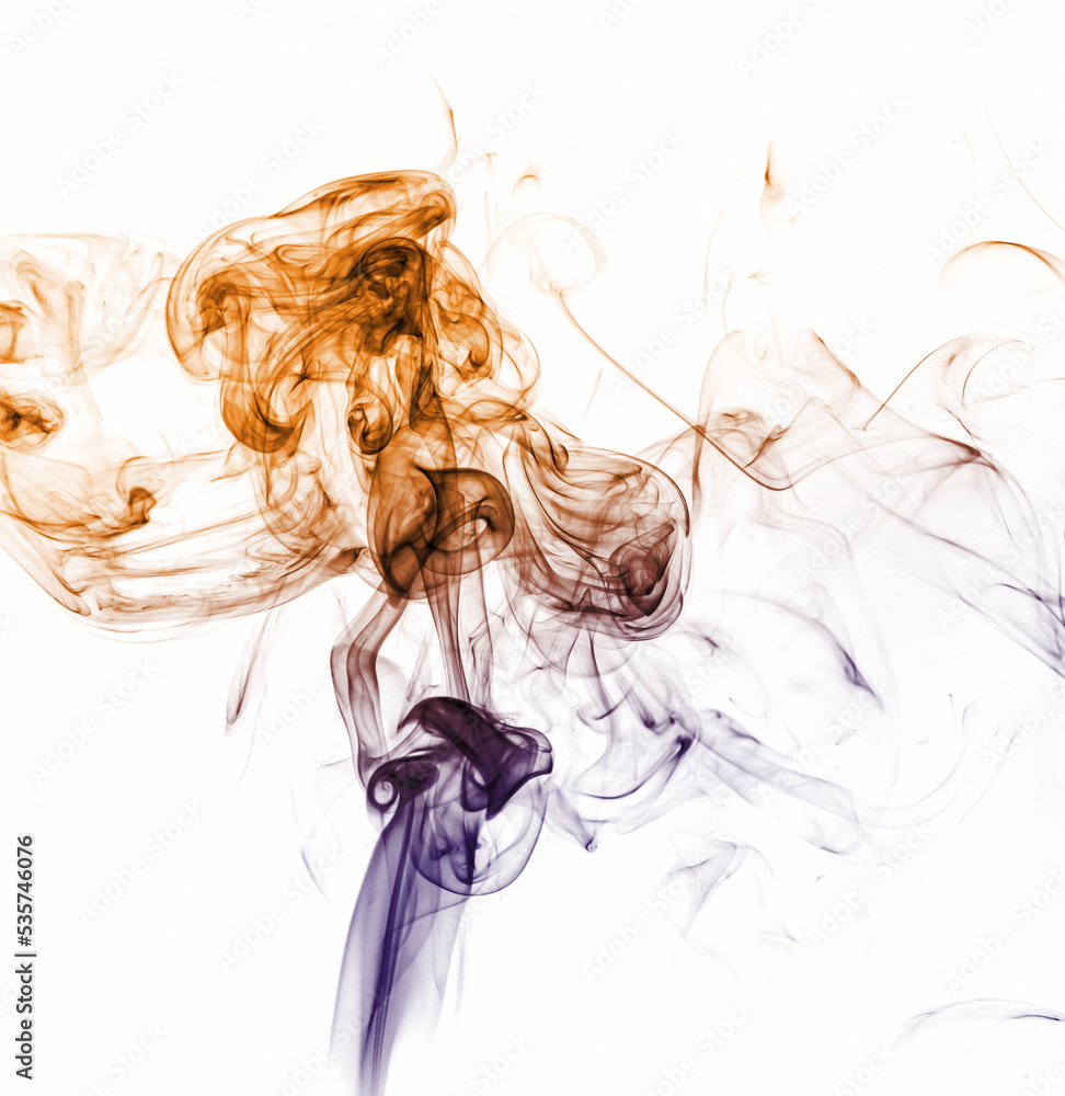 Orange and blue smoke on white. Orange and blue smoke on white.