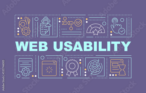 Website usability word concepts violet banner. User-friendly interface. Infographics with editable icons on color background. Isolated typography. Vector illustration with text. Arial-Black font used