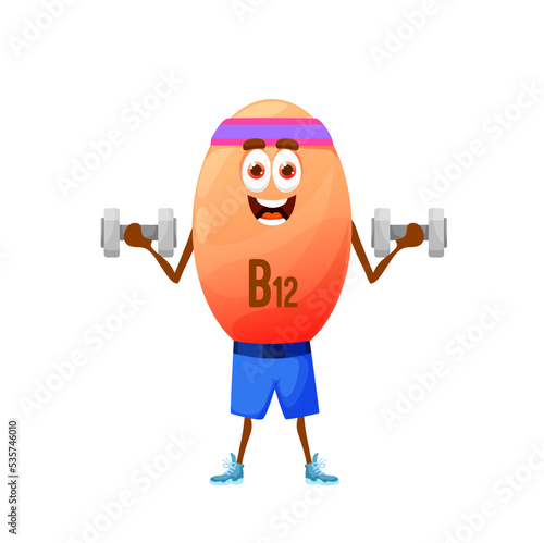 Cartoon vitamin B12 athlete character with dumbbells. Isolated vector cyanocobalamin personage fitness or bodybuilding workout. Food supplement sportsman healthy life, sports exercises, gym training