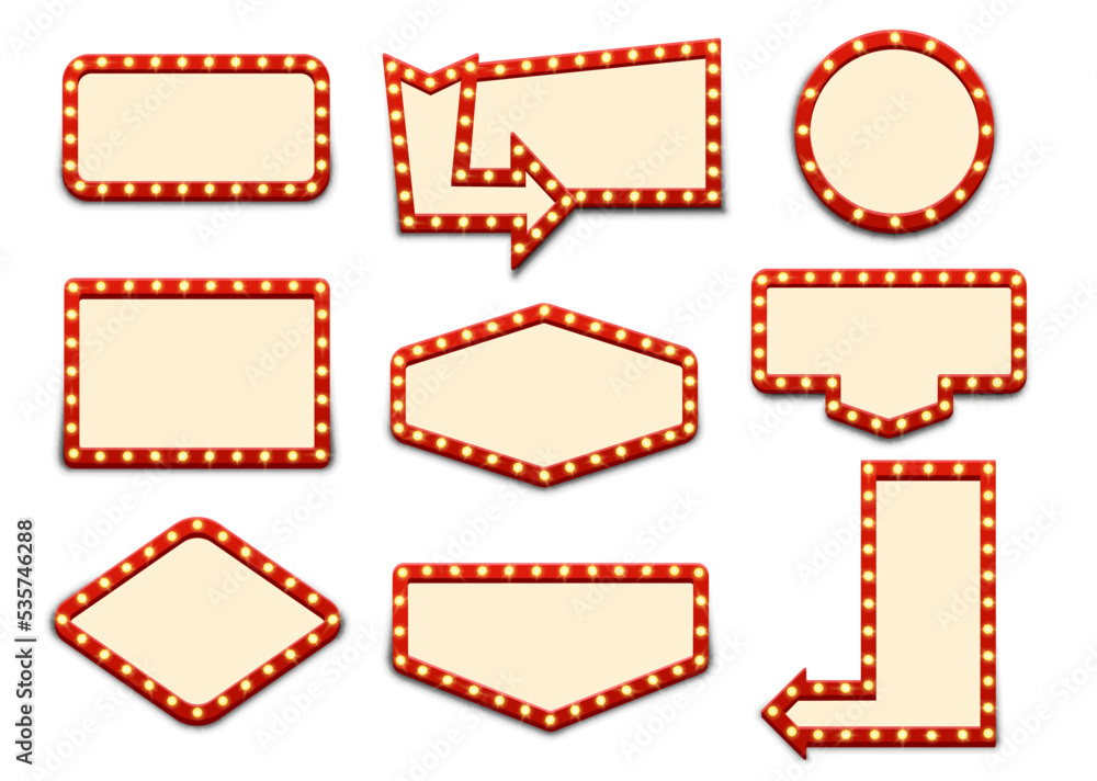 Retro lightboxes, cinema signs or billboard signage. Vector movie theater light frames. Retro lightboxes and signboards for circus show, Vegas casino club, vintage light bulb boxes, banners and arrows