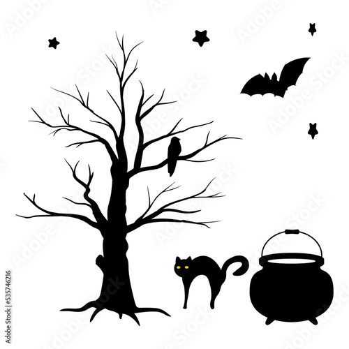 autumn festive Halloween set  with a bat  a vampire  a witch s cauldron  trees  a black cat and stars