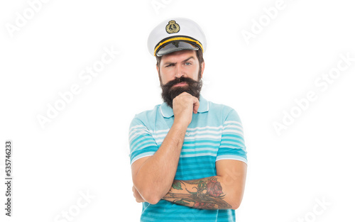 Thoughtful man wearing captain hat. Bearded man thinking isolated on white. Man sailor with beard and moustache © be free