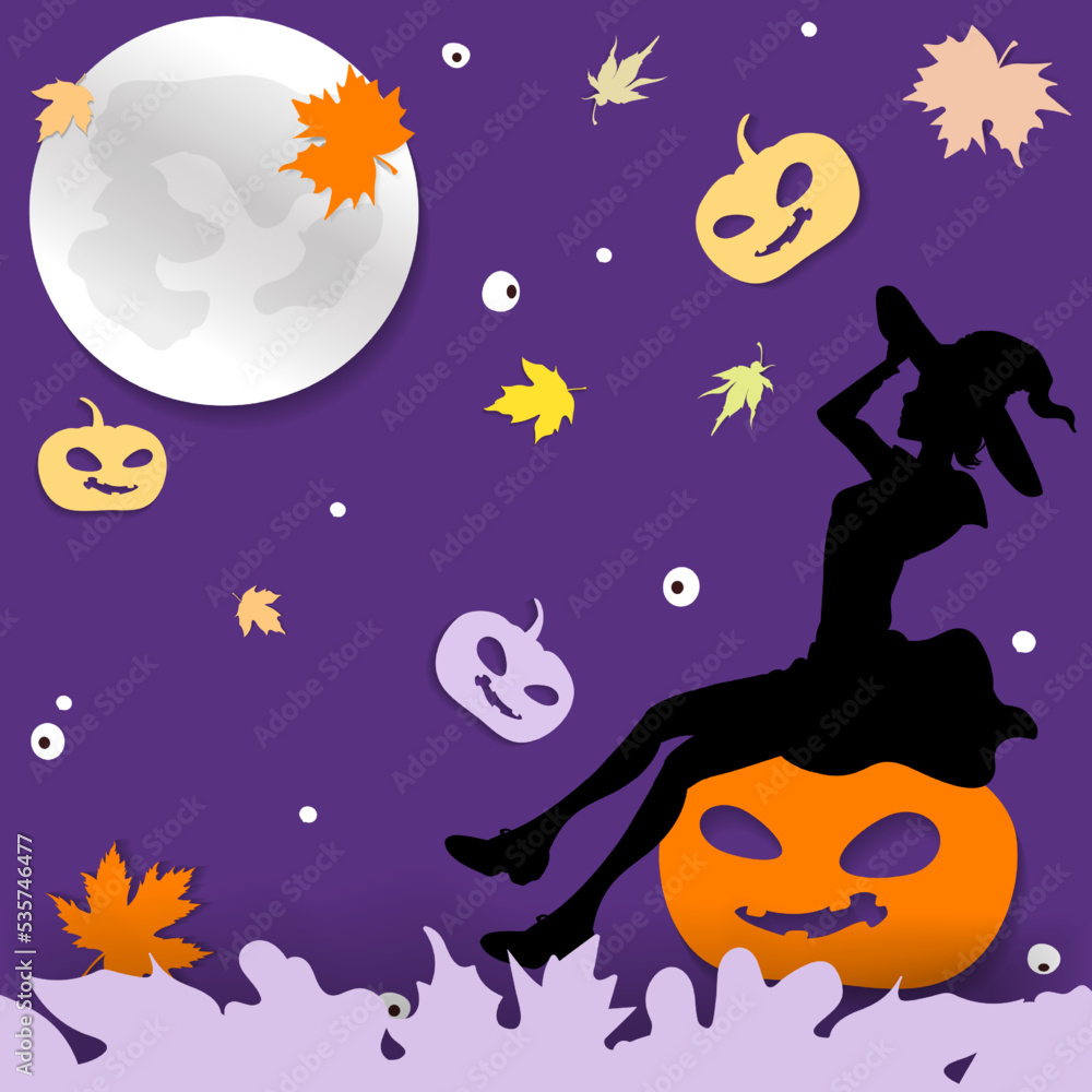 Fototapeta premium Festive Halloween background with bright funny pumpkins, eyes, on a dark background with moon, witch silhouette and decorative frame