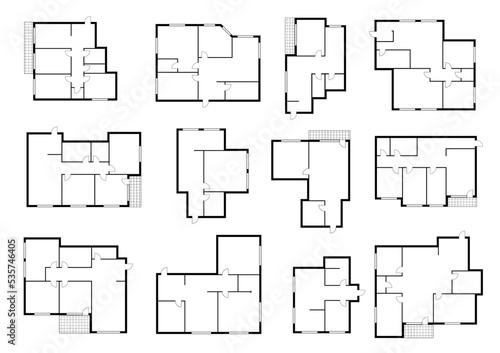 Apartment plans, floor and house room layout, vector home floorplan. Architecture plan of apartment interior project, architect technical blue print template with wall line view for planning