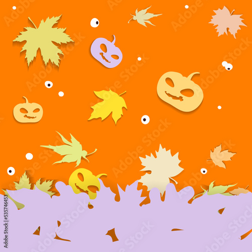 Festive Halloween background with bright funny pumpkins, maple decorative leaves and eyes, on a dark background