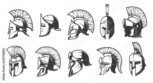 Foto Helmets of spartan, roman and greek warriors or gladiators, vector, trojan or Sparta soldier head armor icons