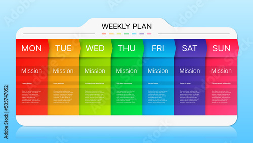 Week timeline planner schedule, diary calendar or day timetable, vector business events template. Week planner timeline for education calendar, office work management schedule and mission task plan