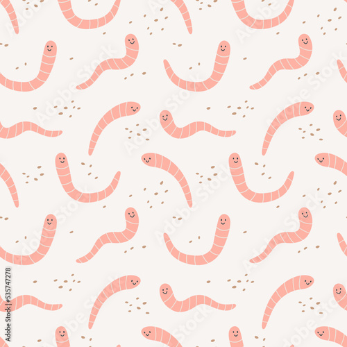 Seamless pattern with worms and dirt. Funny background in cartoon style. Organic waste, ecology, zero waste, zero waste concept, eco life. Hand drawn design for textiles, wrapping paper, etc.