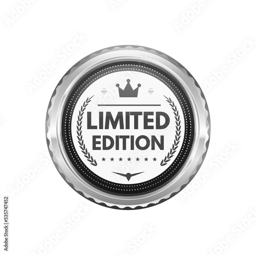 Limited edition silver badge and premium product label. Limited edition certificate platinum sticker or tag, luxury product quality warranty silver vector label or seal. Premium guarantee metal badge