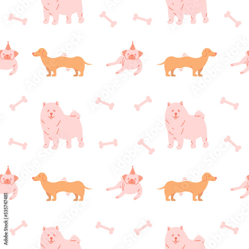 Vector seamless pattern with cute dogs isolated on white background. Pastel breeds with pug  dachshund and samoyed.