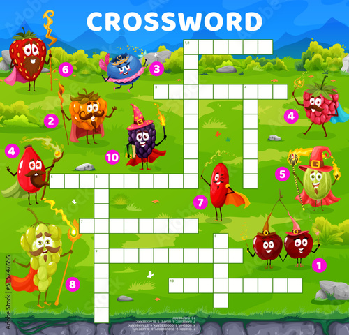 Crossword quiz game grid. Cartoon berry mage and wizard characters. Child crossword puzzle  wordsearch quiz vector worksheet with strawberry  raspberry and blueberry  rosehip  grape and gooseberry