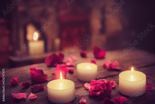 Beautiful closeup of scented candles surrounded by rose petals. 