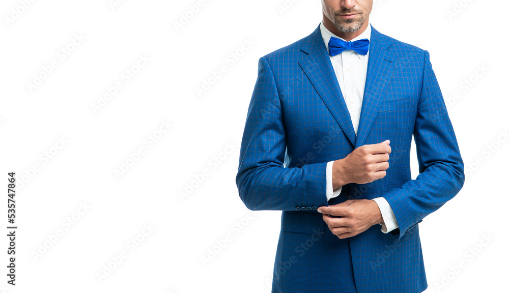 ambitious formal man in blue tuxedo bowtie isolated on white background ambitious formal man in blue tuxedo bowtie isolated on white background