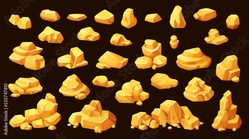 Golden ore nuggets and bullions, cartoon gold rocks and stone piles, vector game assets. Gold mine treasure, golden metal bullions or goldmine ore rocks and ingot nuggets for arcade video game UI photo