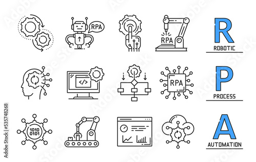RPA icons, robotic automation process and AI technology, vector industry robot symbols. RPA line icons of digital automotive management and machines, web data IOT and business hyperautomation
