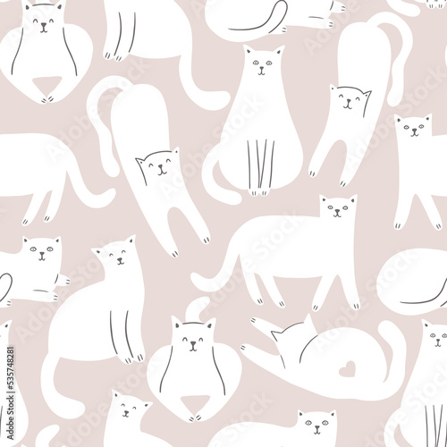 Fototapeta Naklejka Na Ścianę i Meble -  Childish seamless pattern with white cats and flowers. Vector background in Scandinavian style. It can be used for nursery, print, decoration, wallpaper, apparel. 