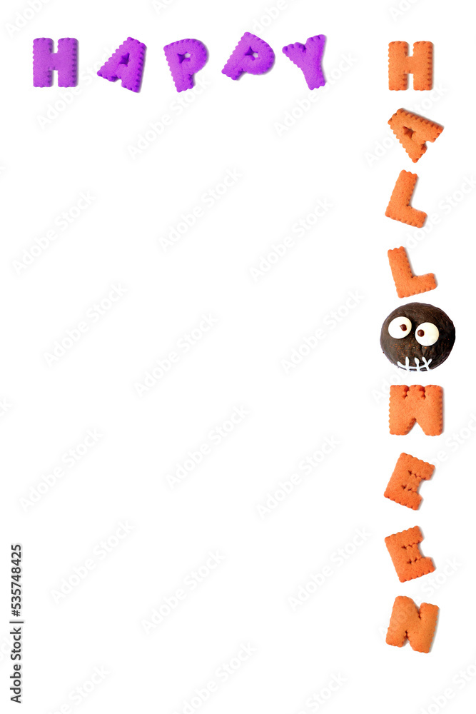 HAPPY HALLOWEEN typography made with alphabet cookies and chocolate ghost bun on transparent background, png file HAPPY HALLOWEEN typography made with alphabet cookies and chocolate ghost bun on transparent background, png file