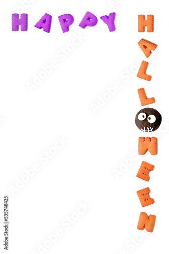 HAPPY HALLOWEEN typography made with alphabet cookies and chocolate ghost bun on transparent background, png file © jobi_pro