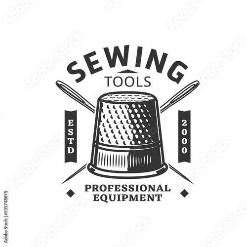 Sewing icon with thimble and crossed needles. Vector sewing tools for needlework or embroidery craft, dressmaking or tailoring, tailor shop, fashion designer or seamstress workshop isolated symbol