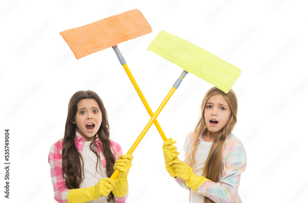Tired of using a mop. Emotional little mop cleaners. Angry children
