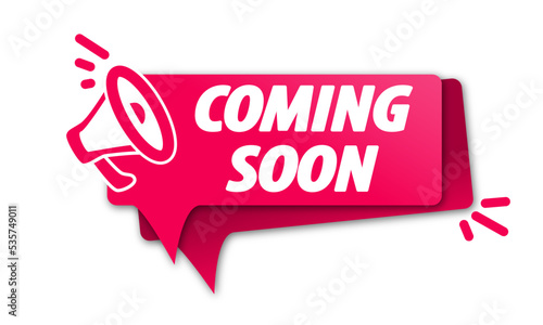 Vector Illustration Red Banner coming soon With megaphone. Web Element