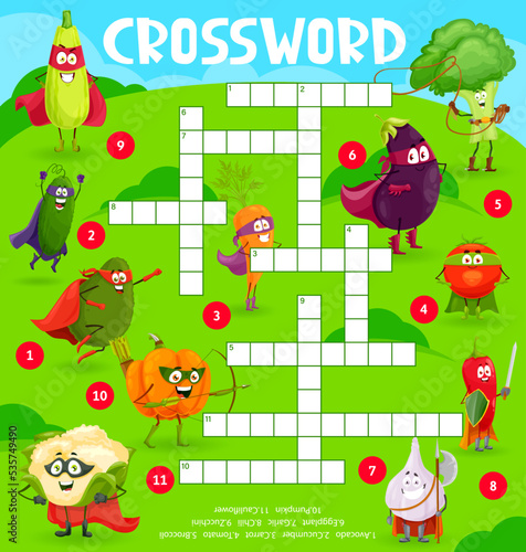 Cartoon vegetable superhero, cowboy and defender characters vector crossword puzzle game grid. Find a word quiz worksheet with funny carrot, garlic, tomato and broccoli, avocado, pepper and zucchini