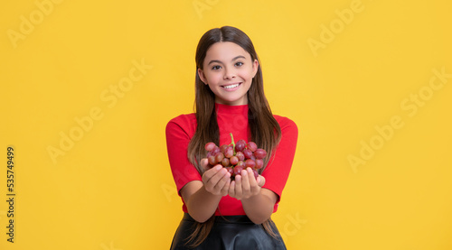 positive kid hold bunch of grapes on yellow background © be free