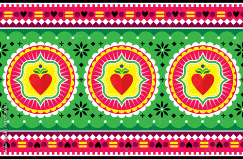 	
Pakistani or Indian truck art vector seamless pattern with hearts - long horizontal oriented design
