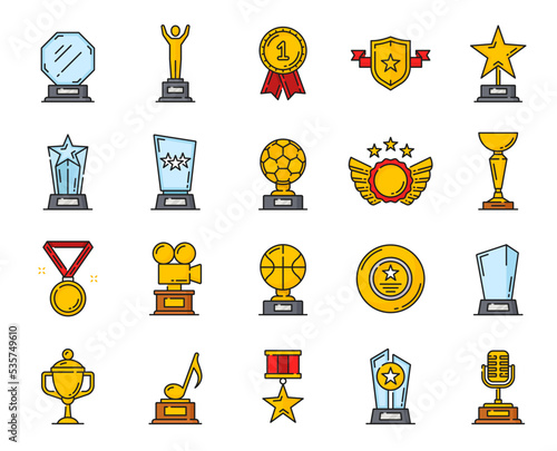 Golden line award trophy icons, victory cups and winner prize goblets, vector medals. Gold award cups and trophy goblets of champion best first place and sport game number one award statuettes