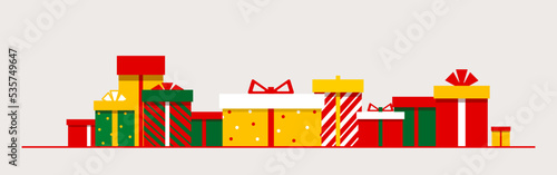 Packed pile of gifts vector illustration. Christmas boxes with gifts, holiday symbol, new year sale