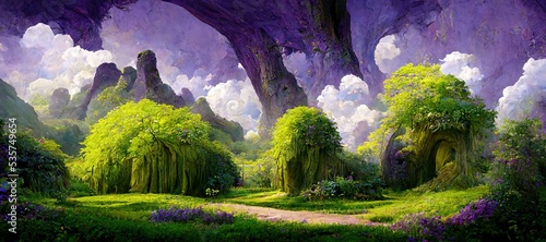 Hidden secret secluded fairy glade surrounded by ancient oak forests thousands of years old - wisteria purple flowers and lush aventurine green grass and moss. Magical mystical fantasy setting. © SoulMyst