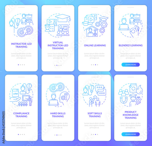 Successful training program blue gradient onboarding mobile app screen set. Walkthrough 4 steps graphic instructions with linear concepts. UI, UX, GUI template. Myriad Pro-Bold, Regular fonts used