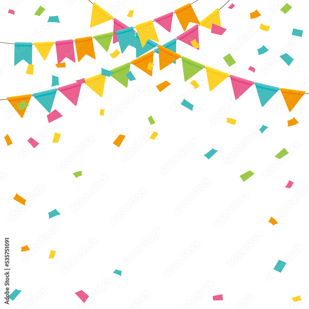 Colorful party flag and confetti illustration - obrazy, fototapety, plakaty 