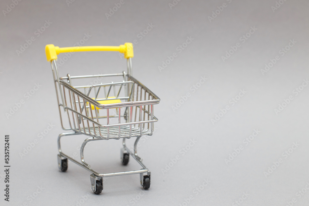 The metal shopping cart on a grey background. The metal shopping cart on a grey background.
